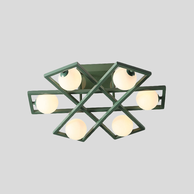 Rectangular Iron Semi Flush Light Macaron 3/4/6-Head Green Ceiling Mount Lamp with Globe White Glass Shade Clearhalo 'Ceiling Lights' 'Close To Ceiling Lights' 'Close to ceiling' 'Semi-flushmount' Lighting' 858981