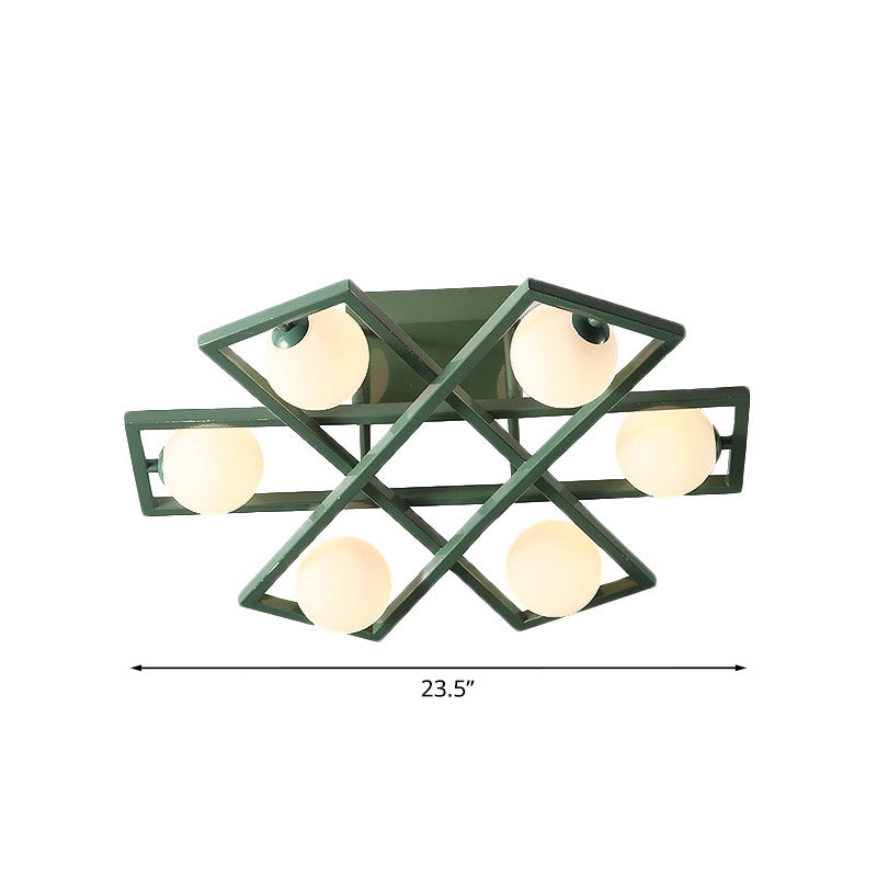 Rectangular Iron Semi Flush Light Macaron 3/4/6-Head Green Ceiling Mount Lamp with Globe White Glass Shade Clearhalo 'Ceiling Lights' 'Close To Ceiling Lights' 'Close to ceiling' 'Semi-flushmount' Lighting' 858982