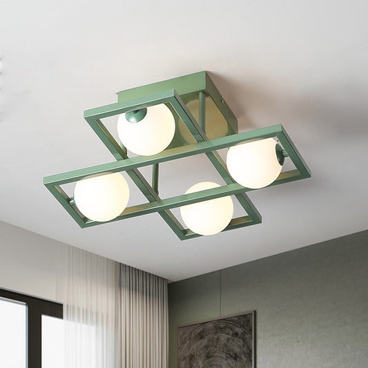 Rectangular Iron Semi Flush Light Macaron 3/4/6-Head Green Ceiling Mount Lamp with Globe White Glass Shade 4 Green Clearhalo 'Ceiling Lights' 'Close To Ceiling Lights' 'Close to ceiling' 'Semi-flushmount' Lighting' 858983