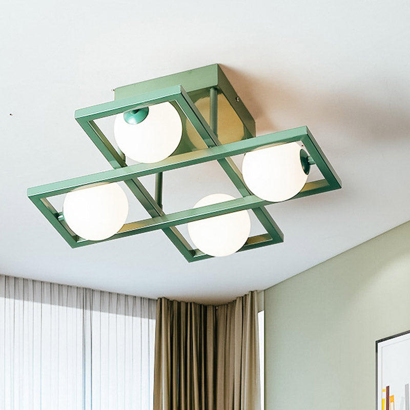 Rectangular Iron Semi Flush Light Macaron 3/4/6-Head Green Ceiling Mount Lamp with Globe White Glass Shade Clearhalo 'Ceiling Lights' 'Close To Ceiling Lights' 'Close to ceiling' 'Semi-flushmount' Lighting' 858984