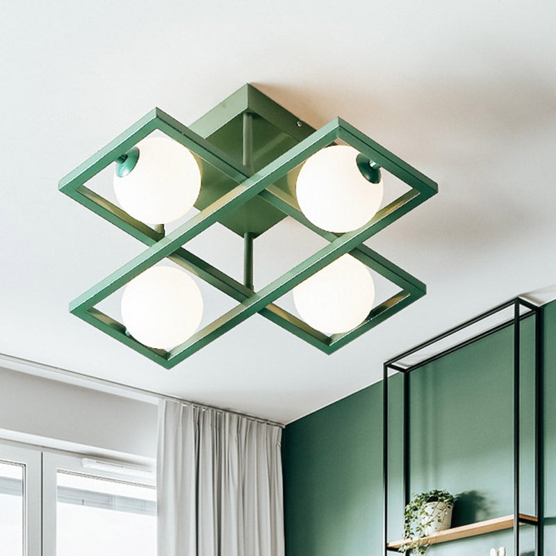 Rectangular Iron Semi Flush Light Macaron 3/4/6-Head Green Ceiling Mount Lamp with Globe White Glass Shade Clearhalo 'Ceiling Lights' 'Close To Ceiling Lights' 'Close to ceiling' 'Semi-flushmount' Lighting' 858985