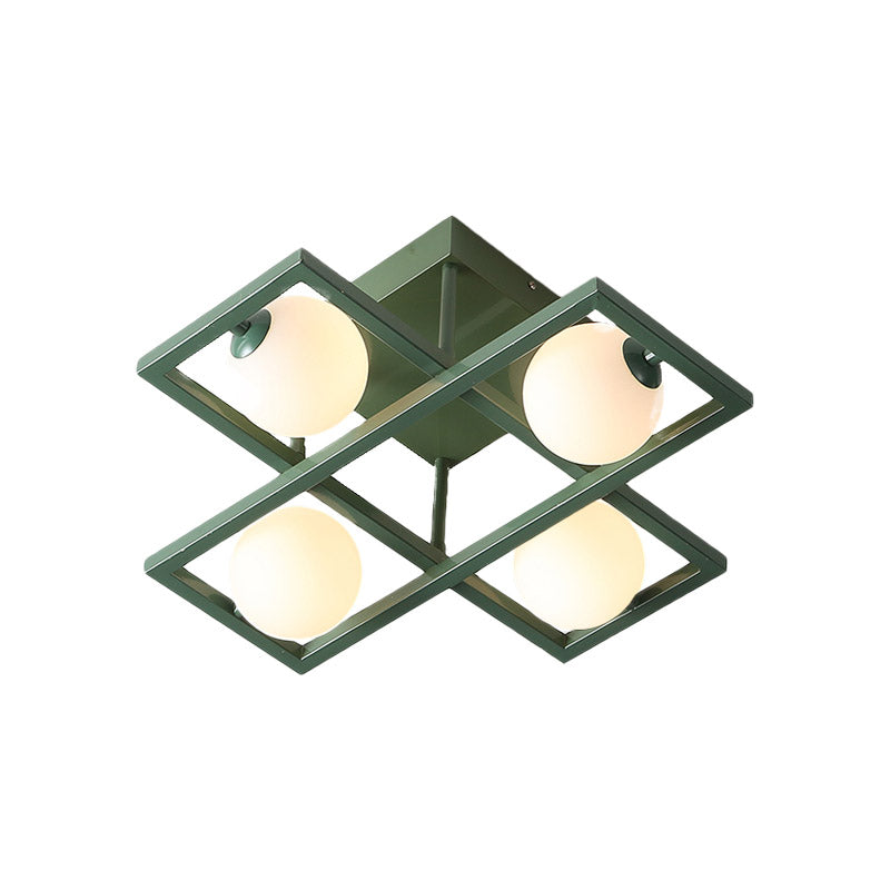 Rectangular Iron Semi Flush Light Macaron 3/4/6-Head Green Ceiling Mount Lamp with Globe White Glass Shade Clearhalo 'Ceiling Lights' 'Close To Ceiling Lights' 'Close to ceiling' 'Semi-flushmount' Lighting' 858986