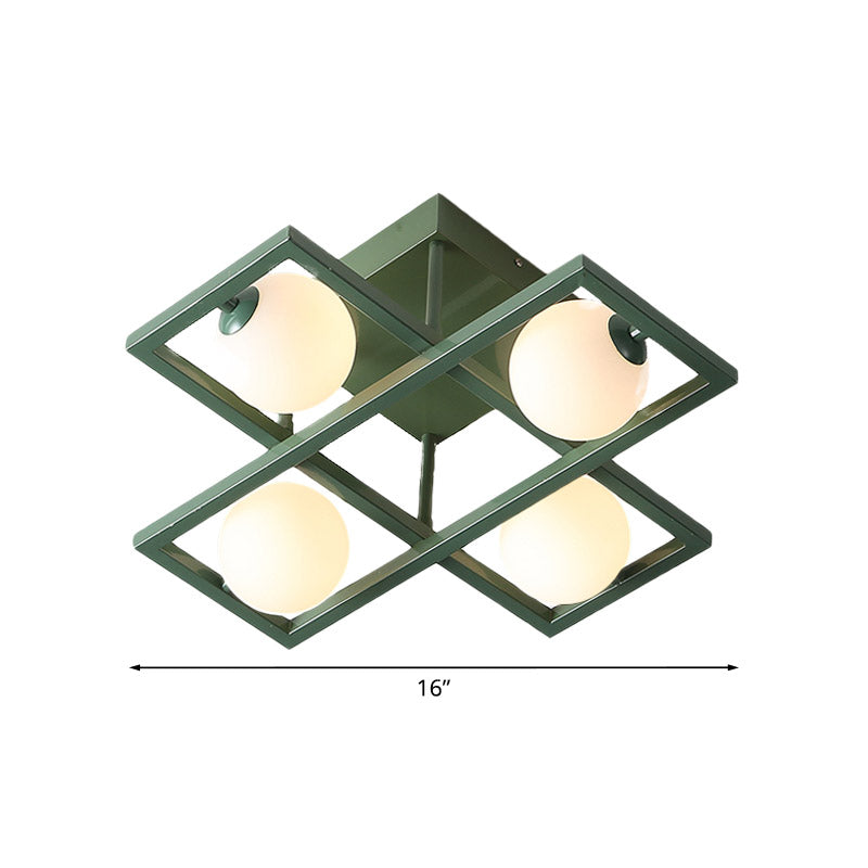 Rectangular Iron Semi Flush Light Macaron 3/4/6-Head Green Ceiling Mount Lamp with Globe White Glass Shade Clearhalo 'Ceiling Lights' 'Close To Ceiling Lights' 'Close to ceiling' 'Semi-flushmount' Lighting' 858987