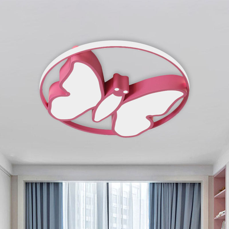 Butterfly Flush Mount Light Kids Acrylic White/Pink/Blue LED Ceiling Fixture with Glow Hoop in Warm/White Light Pink Clearhalo 'Ceiling Lights' 'Close To Ceiling Lights' 'Close to ceiling' 'Flush mount' Lighting' 859012