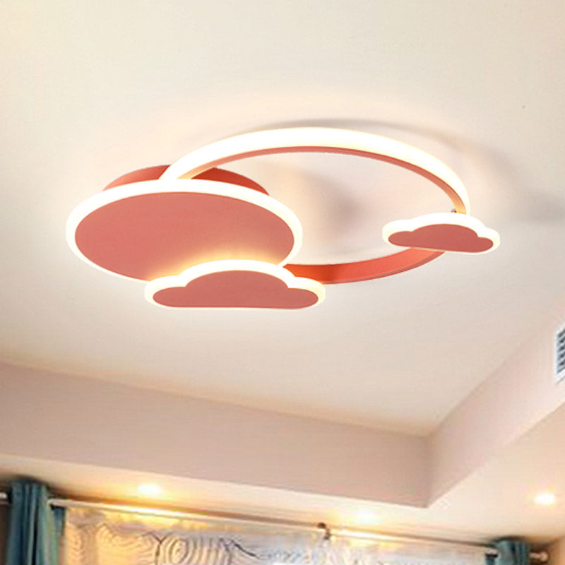 Macaron LED Flush Light Fixture White/Pink Sun Behind Cloud Ceiling Mount Lamp with Acrylic Shade in Warm/White Light Pink Clearhalo 'Ceiling Lights' 'Close To Ceiling Lights' 'Close to ceiling' 'Flush mount' Lighting' 859036