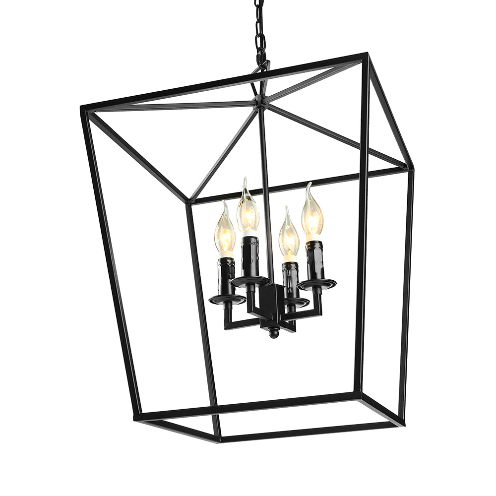 Vintage Squared Cage Chandelier Light Fixture with Candle 4-Light Wrought Iron Medium Ceiling Light in Black Clearhalo 'Ceiling Lights' 'Chandeliers' Lighting' options 86099