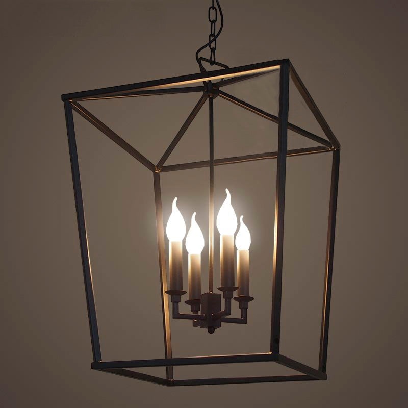 Vintage Squared Cage Chandelier Light Fixture with Candle 4-Light Wrought Iron Medium Ceiling Light in Black Clearhalo 'Ceiling Lights' 'Chandeliers' Lighting' options 86100