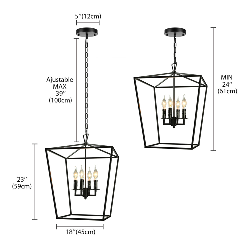 Vintage Squared Cage Chandelier Light Fixture with Candle 4-Light Wrought Iron Medium Ceiling Light in Black Clearhalo 'Ceiling Lights' 'Chandeliers' Lighting' options 86102