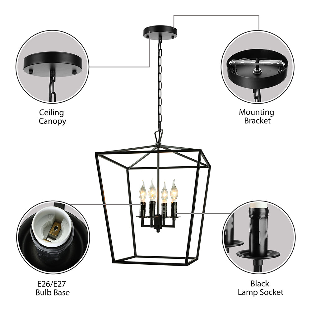 Vintage Squared Cage Chandelier Light Fixture with Candle 4-Light Wrought Iron Medium Ceiling Light in Black Clearhalo 'Ceiling Lights' 'Chandeliers' Lighting' options 86103