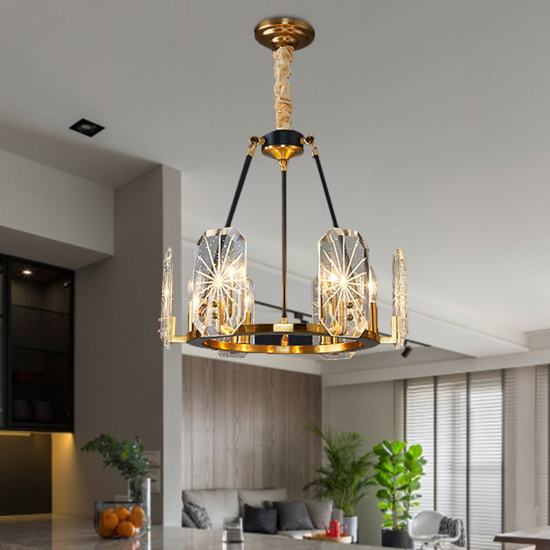 Circular Crystal Panels Chandelier Postmodern 6 Heads Living Room Hanging Lamp in Gold Gold Clearhalo 'Ceiling Lights' 'Chandeliers' 'Modern Chandeliers' 'Modern' Lighting' 862474