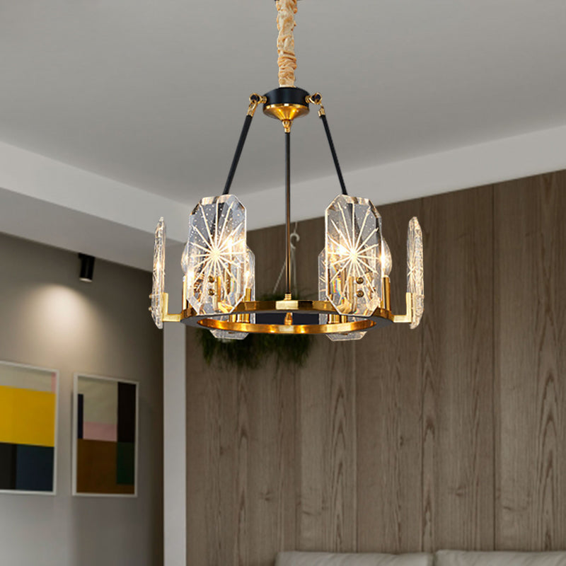 Circular Crystal Panels Chandelier Postmodern 6 Heads Living Room Hanging Lamp in Gold Clearhalo 'Ceiling Lights' 'Chandeliers' 'Modern Chandeliers' 'Modern' Lighting' 862475