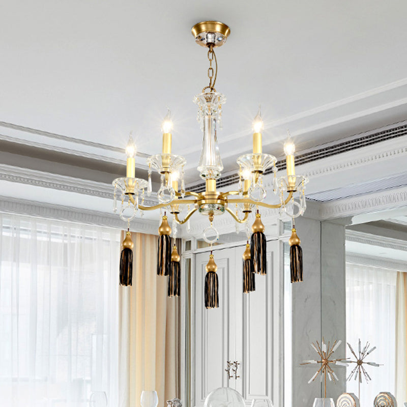 Brass Candlestick Chandelier Lamp Traditional Crystal 6-Light Dining Table Pendant Light with Tassel Brass Clearhalo 'Ceiling Lights' 'Chandeliers' Lighting' options 862478_d8f0385c-4acf-4c86-be30-bc881b229c45