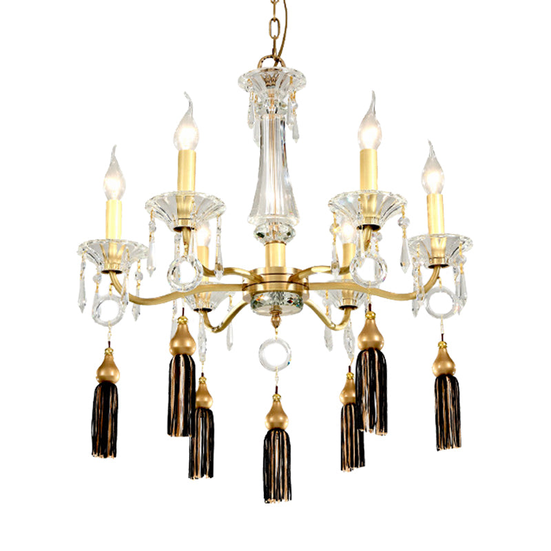 Brass Candlestick Chandelier Lamp Traditional Crystal 6-Light Dining Table Pendant Light with Tassel Clearhalo 'Ceiling Lights' 'Chandeliers' Lighting' options 862479