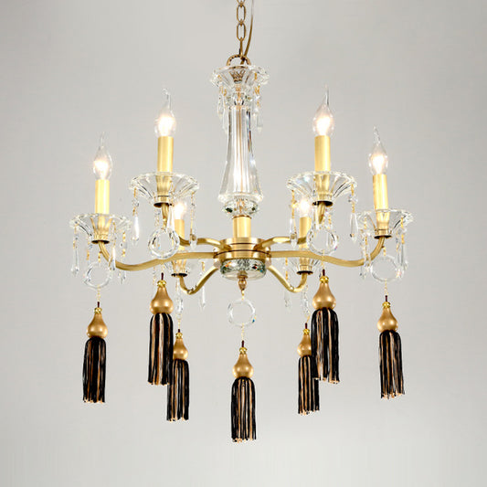 Brass Candlestick Chandelier Lamp Traditional Crystal 6-Light Dining Table Pendant Light with Tassel Clearhalo 'Ceiling Lights' 'Chandeliers' Lighting' options 862480