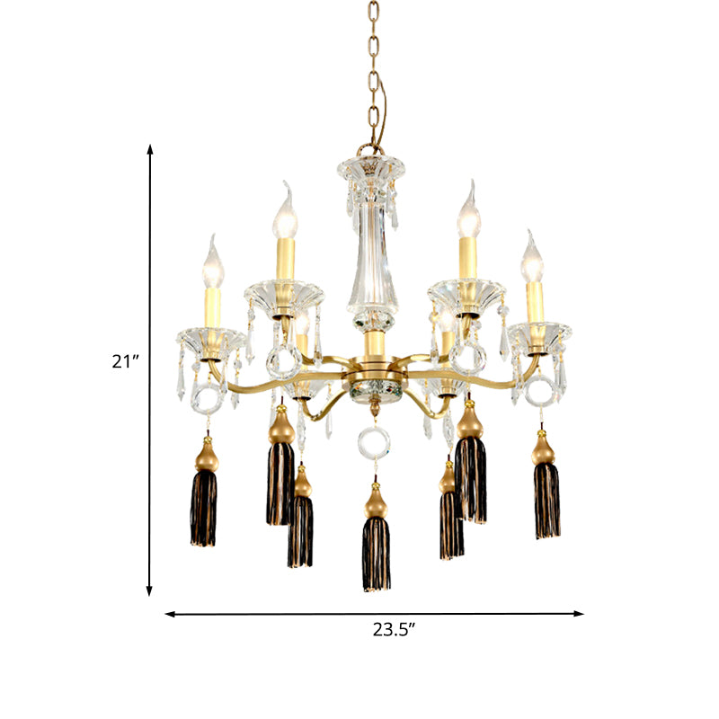 Brass Candlestick Chandelier Lamp Traditional Crystal 6-Light Dining Table Pendant Light with Tassel Clearhalo 'Ceiling Lights' 'Chandeliers' Lighting' options 862481