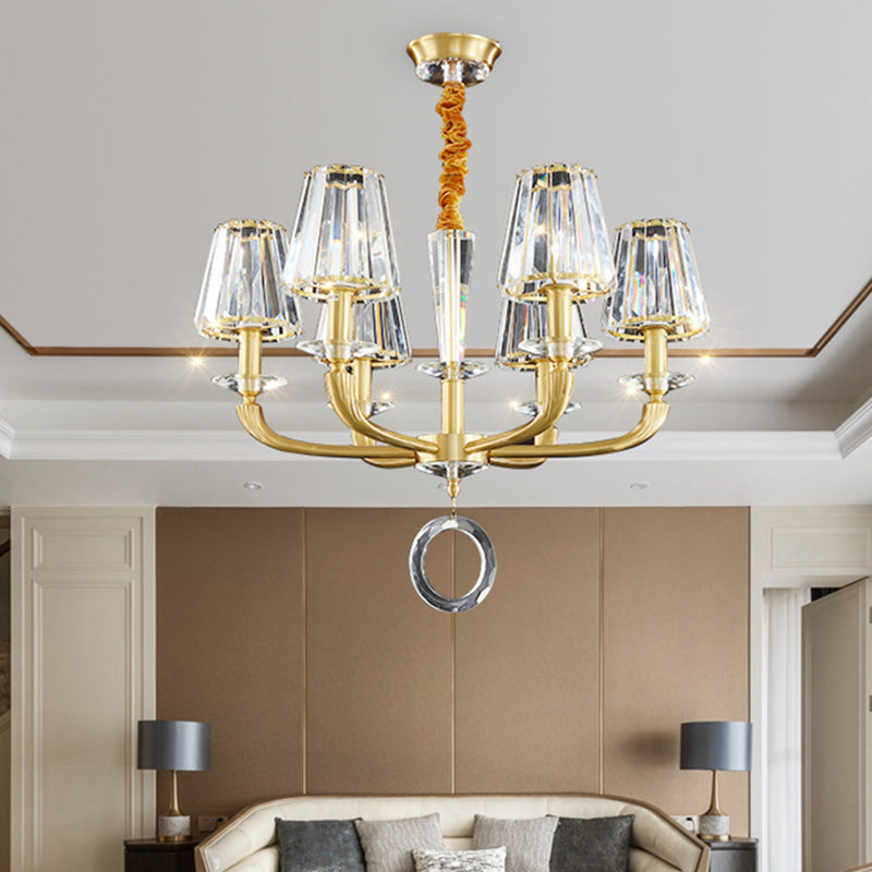 Prismatic Crystal Cone Shade Chandelier Mid-Century 6 Bulbs Parlor Ceiling Pendant Light with Ring Drop in Gold Clearhalo 'Ceiling Lights' 'Chandeliers' Lighting' options 862482