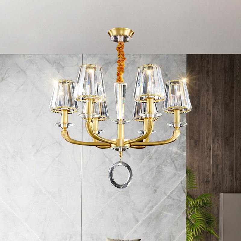 Prismatic Crystal Cone Shade Chandelier Mid-Century 6 Bulbs Parlor Ceiling Pendant Light with Ring Drop in Gold Clearhalo 'Ceiling Lights' 'Chandeliers' Lighting' options 862483