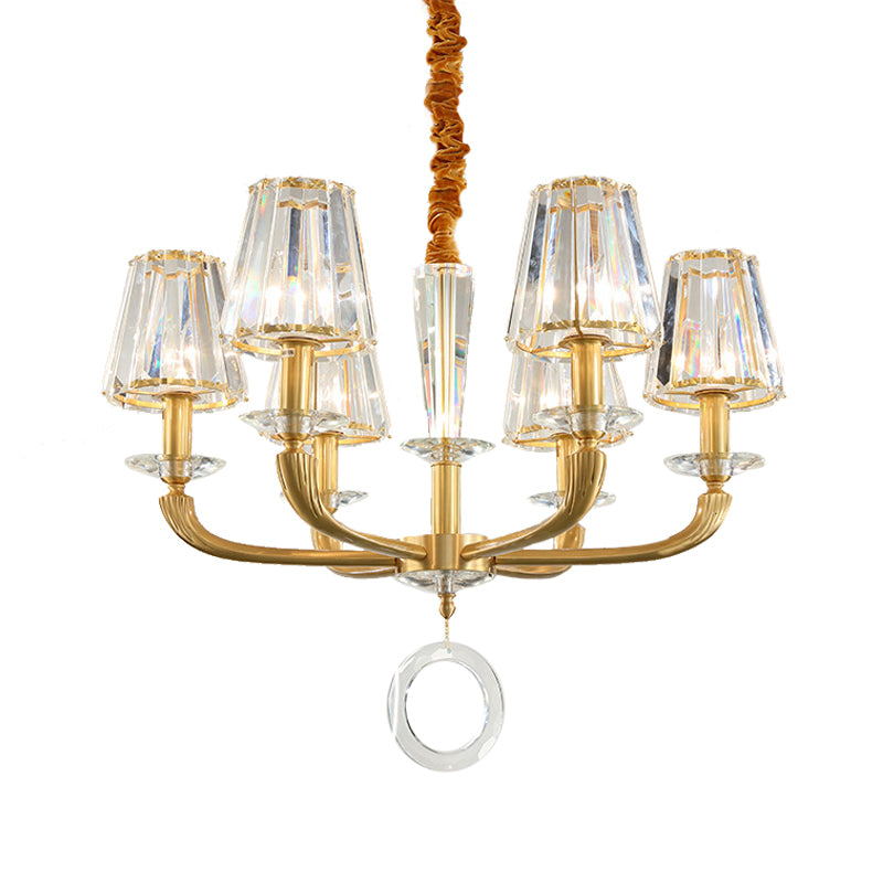 Prismatic Crystal Cone Shade Chandelier Mid-Century 6 Bulbs Parlor Ceiling Pendant Light with Ring Drop in Gold Clearhalo 'Ceiling Lights' 'Chandeliers' Lighting' options 862484