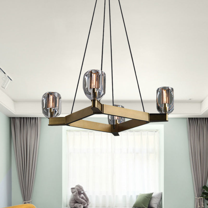 Antiqued Gold 4 Bulbs Hanging Light Postmodern Flower Crystal Square Chandelier Pendant Clearhalo 'Ceiling Lights' 'Chandeliers' 'Modern Chandeliers' 'Modern' Lighting' 862487