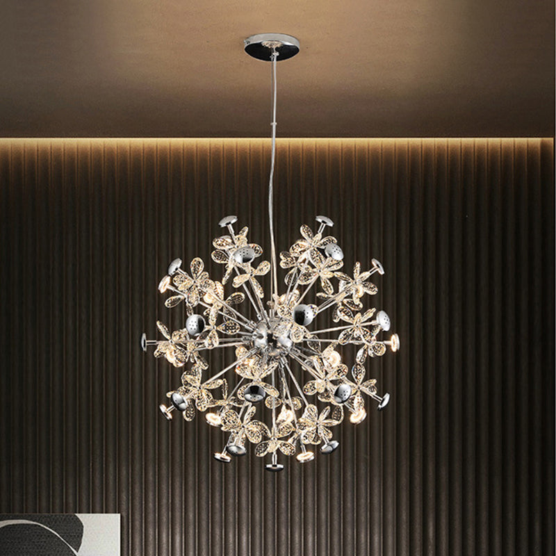 12 Heads Floral Crystal Chandelier Modern Chrome Starburst Dining Room Hanging Lamp Chrome Clearhalo 'Ceiling Lights' 'Chandeliers' 'Modern Chandeliers' 'Modern' Lighting' 862494