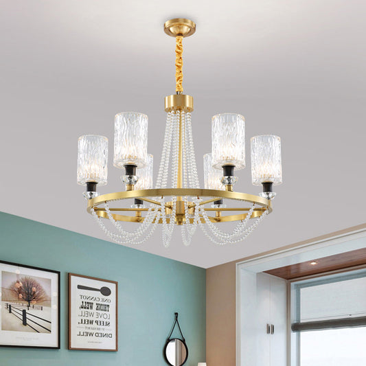 6-Head Cylinder Chandelier Lamp Postmodern Gold Wavy Crystal Hanging Ceiling Light Clearhalo 'Ceiling Lights' 'Chandeliers' Lighting' options 862502