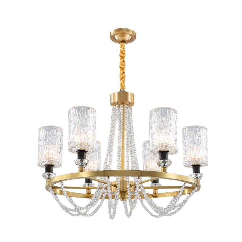 6-Head Cylinder Chandelier Lamp Postmodern Gold Wavy Crystal Hanging Ceiling Light Clearhalo 'Ceiling Lights' 'Chandeliers' Lighting' options 862503