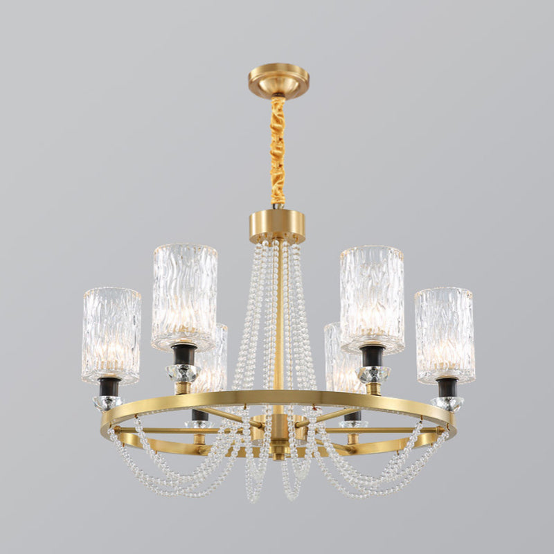 6-Head Cylinder Chandelier Lamp Postmodern Gold Wavy Crystal Hanging Ceiling Light Clearhalo 'Ceiling Lights' 'Chandeliers' Lighting' options 862504