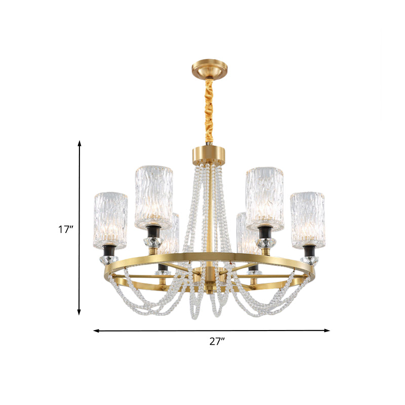 6-Head Cylinder Chandelier Lamp Postmodern Gold Wavy Crystal Hanging Ceiling Light Clearhalo 'Ceiling Lights' 'Chandeliers' Lighting' options 862505