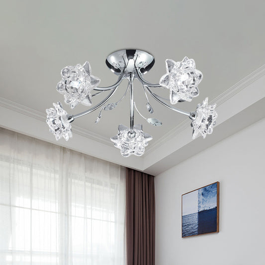 Polished Chrome 5-Head Semi Flush Modern Stylish Crystal Flower Blossom Ceiling Mount Chandelier Clearhalo 'Ceiling Lights' 'Close To Ceiling Lights' 'Close to ceiling' 'Semi-flushmount' Lighting' 862511