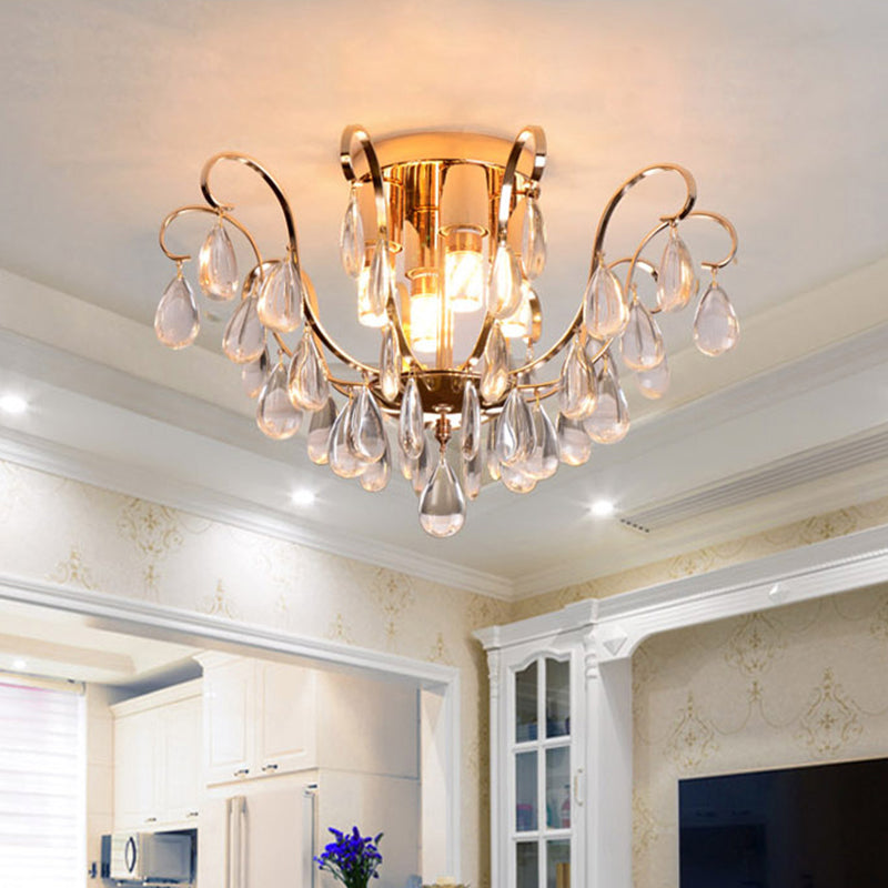 Gold Scroll Flush Mount Chandelier Vintage Crystal Droplet 4-Bulb Hotel Ceiling Light Fixture Gold Clearhalo 'Ceiling Lights' 'Close To Ceiling Lights' 'Close to ceiling' 'Flush mount' Lighting' 862526