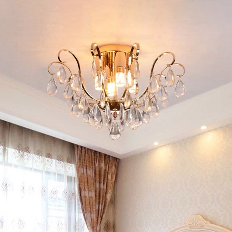 Gold Scroll Flush Mount Chandelier Vintage Crystal Droplet 4-Bulb Hotel Ceiling Light Fixture Clearhalo 'Ceiling Lights' 'Close To Ceiling Lights' 'Close to ceiling' 'Flush mount' Lighting' 862527