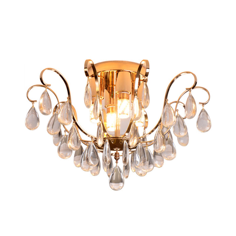 Gold Scroll Flush Mount Chandelier Vintage Crystal Droplet 4-Bulb Hotel Ceiling Light Fixture Clearhalo 'Ceiling Lights' 'Close To Ceiling Lights' 'Close to ceiling' 'Flush mount' Lighting' 862528