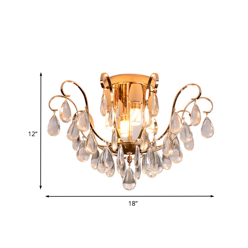 Gold Scroll Flush Mount Chandelier Vintage Crystal Droplet 4-Bulb Hotel Ceiling Light Fixture Clearhalo 'Ceiling Lights' 'Close To Ceiling Lights' 'Close to ceiling' 'Flush mount' Lighting' 862529