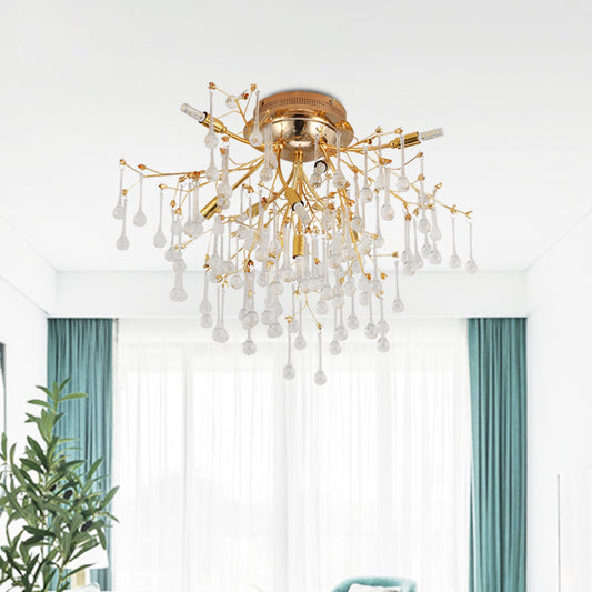 Cascade Bedroom Semi Flush Light Traditional Crystal Drip 10-Head Gold Ceiling Mount Lamp Clearhalo 'Ceiling Lights' 'Close To Ceiling Lights' 'Close to ceiling' 'Semi-flushmount' Lighting' 862531