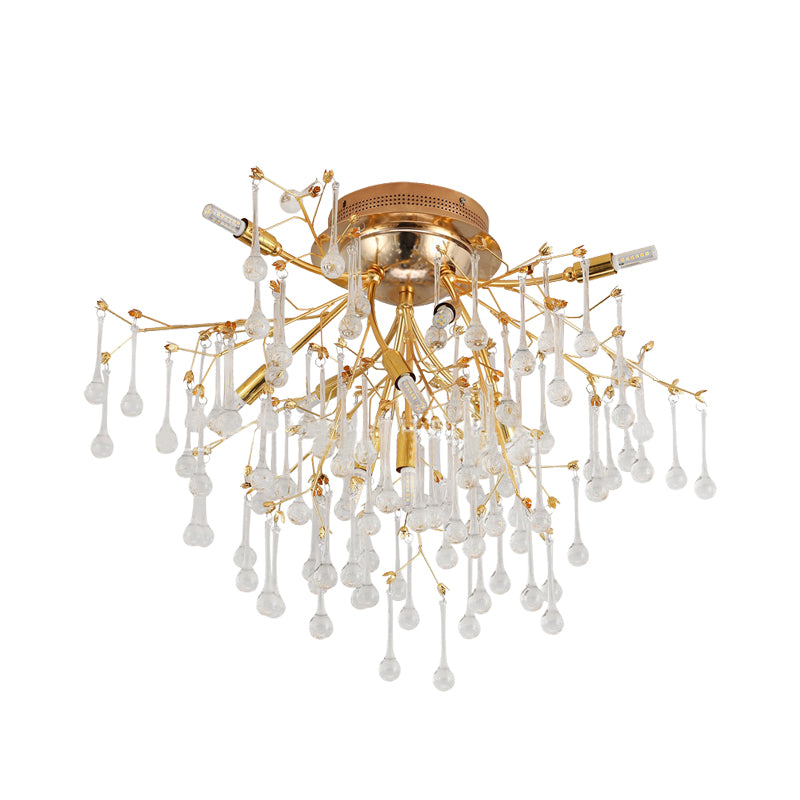 Cascade Bedroom Semi Flush Light Traditional Crystal Drip 10-Head Gold Ceiling Mount Lamp Clearhalo 'Ceiling Lights' 'Close To Ceiling Lights' 'Close to ceiling' 'Semi-flushmount' Lighting' 862532