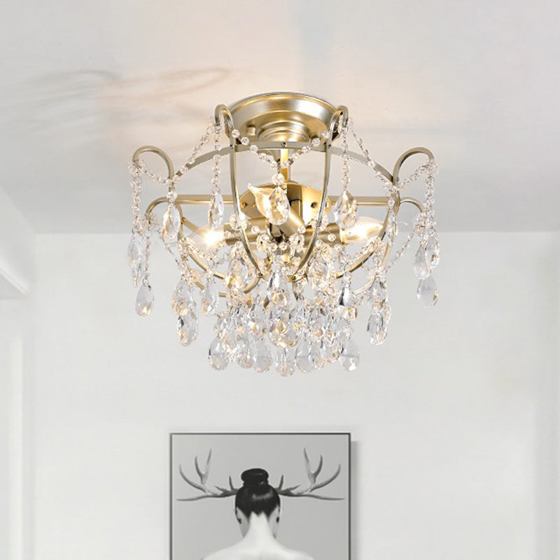 Gold Bowl Cage Ceiling Light Vintage Crystal Strand 4 Lights Lounge Semi Flush Mount Light Gold Clearhalo 'Ceiling Lights' 'Close To Ceiling Lights' 'Close to ceiling' 'Semi-flushmount' Lighting' 862542