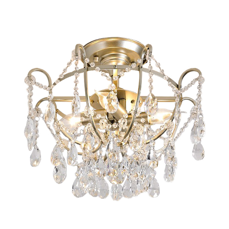 Gold Bowl Cage Ceiling Light Vintage Crystal Strand 4 Lights Lounge Semi Flush Mount Light Clearhalo 'Ceiling Lights' 'Close To Ceiling Lights' 'Close to ceiling' 'Semi-flushmount' Lighting' 862544