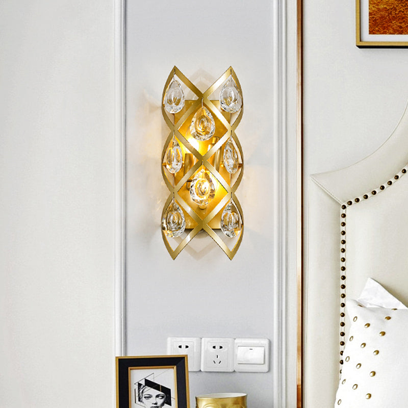 Criss-Cross Bedside Wall Light Fixture Mid Century Crystal 2 Heads Gold Wall Mount Lamp Gold Clearhalo 'Wall Lamps & Sconces' 'Wall Lights' Lighting' 862550