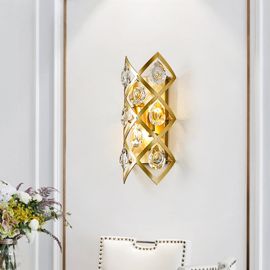 Criss-Cross Bedside Wall Light Fixture Mid Century Crystal 2 Heads Gold Wall Mount Lamp Clearhalo 'Wall Lamps & Sconces' 'Wall Lights' Lighting' 862551