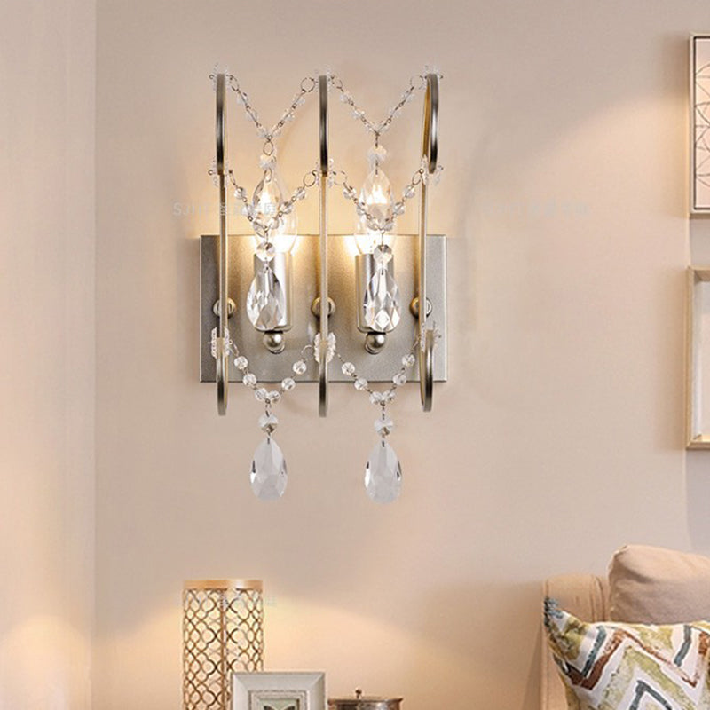 2-Light Crystal Strand Sconce Contemporary Silver Rod Bedroom Wall Mount Light Fixture Silver Clearhalo 'Modern wall lights' 'Modern' 'Wall Lamps & Sconces' 'Wall Lights' Lighting' 862554