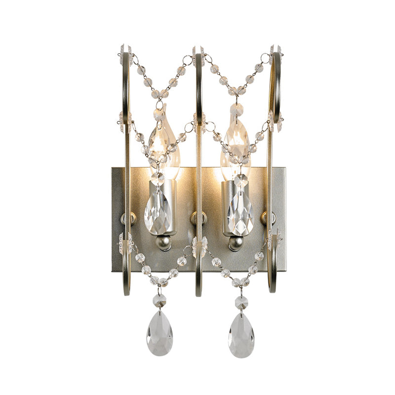 2-Light Crystal Strand Sconce Contemporary Silver Rod Bedroom Wall Mount Light Fixture Clearhalo 'Modern wall lights' 'Modern' 'Wall Lamps & Sconces' 'Wall Lights' Lighting' 862556