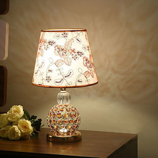 Floral Fabric Tan Table Light Tapered Shade 1 Head Countryside Nightstand Lamp with Crystal Embedded Ball Base Tan Clearhalo 'Lamps' 'Table Lamps' Lighting' 862610