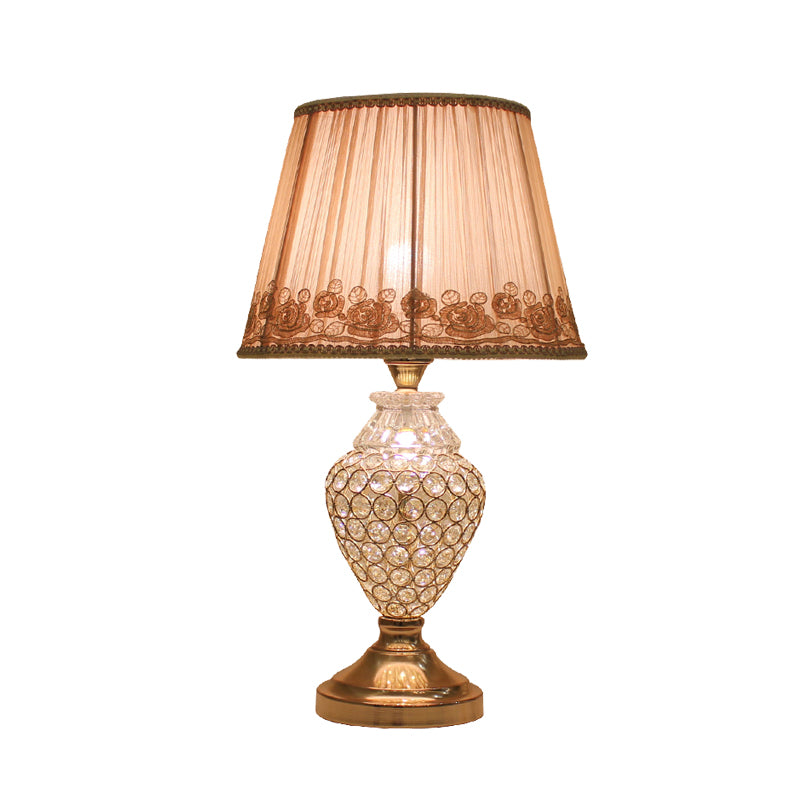 1 Head Rose-Trim Conical Table Light Rural Gold Pleated Fabric Night Lamp with Pot Crystal Base Clearhalo 'Lamps' 'Table Lamps' Lighting' 862624