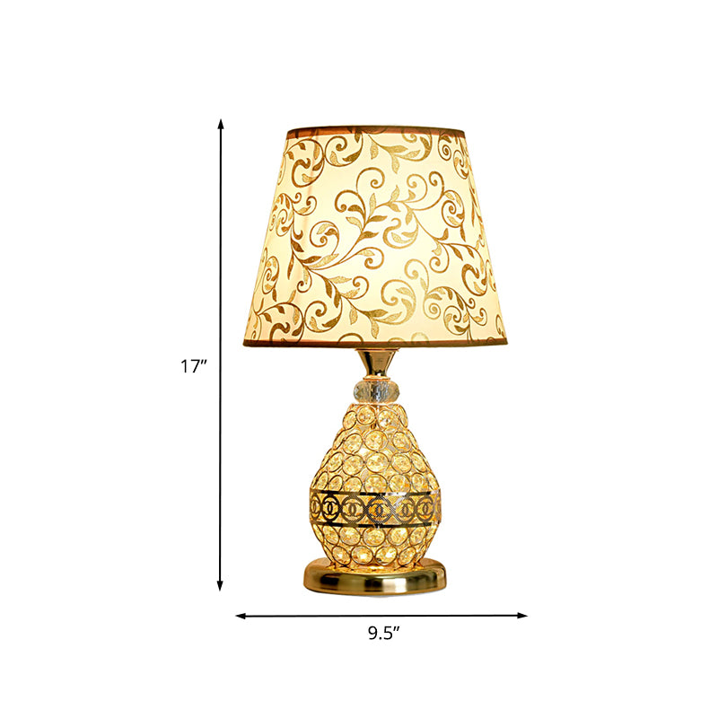 1-Light Swirl Pattern Fabric Table Lamp Retro Gold Cone Bedside Nightstand Light with Vase Crystal Pedestal Clearhalo 'Lamps' 'Table Lamps' Lighting' 862629