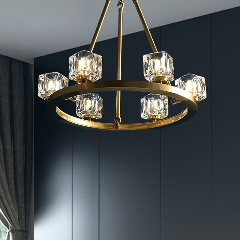 Ice Cube Crystal Hanging Chandelier Mid-Century 6 Bulbs Bedroom Pendant Light in Brass Brass Clearhalo 'Ceiling Lights' 'Chandeliers' 'Modern Chandeliers' 'Modern' Lighting' 862730