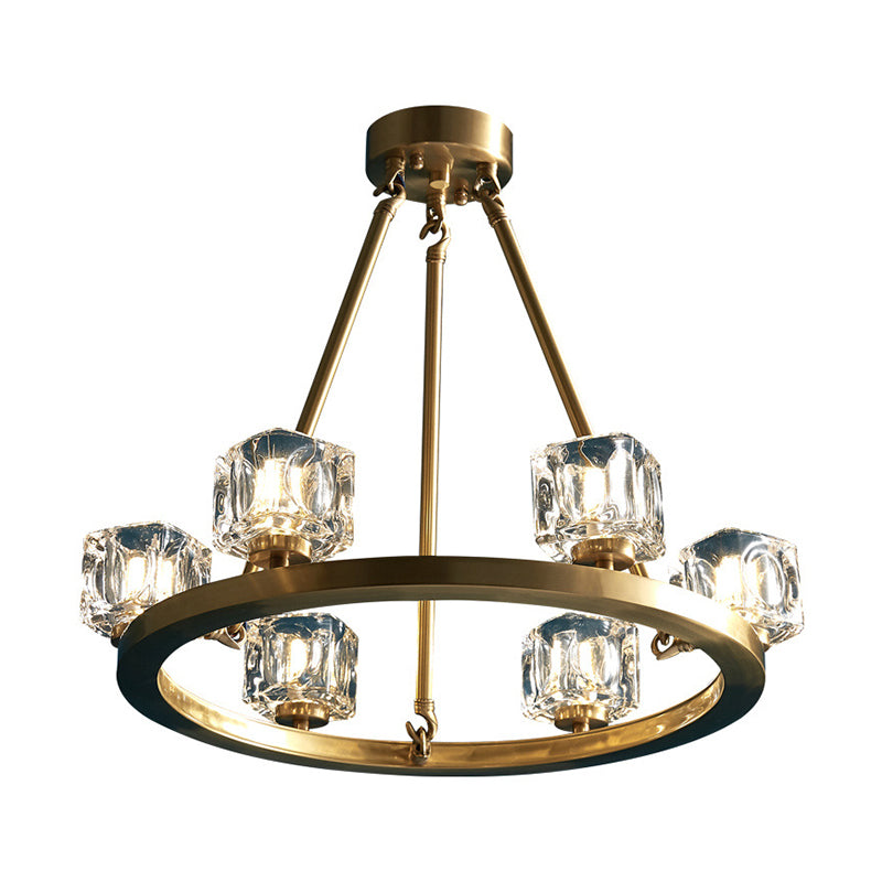 Ice Cube Crystal Hanging Chandelier Mid-Century 6 Bulbs Bedroom Pendant Light in Brass Clearhalo 'Ceiling Lights' 'Chandeliers' 'Modern Chandeliers' 'Modern' Lighting' 862731