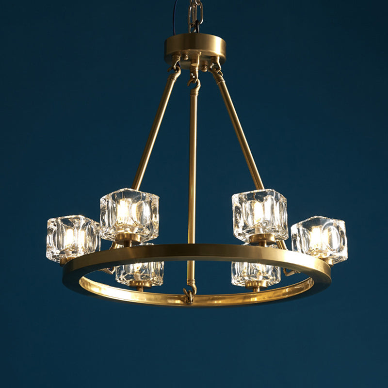 Ice Cube Crystal Hanging Chandelier Mid-Century 6 Bulbs Bedroom Pendant Light in Brass Clearhalo 'Ceiling Lights' 'Chandeliers' 'Modern Chandeliers' 'Modern' Lighting' 862732