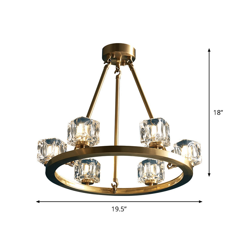 Ice Cube Crystal Hanging Chandelier Mid-Century 6 Bulbs Bedroom Pendant Light in Brass Clearhalo 'Ceiling Lights' 'Chandeliers' 'Modern Chandeliers' 'Modern' Lighting' 862733