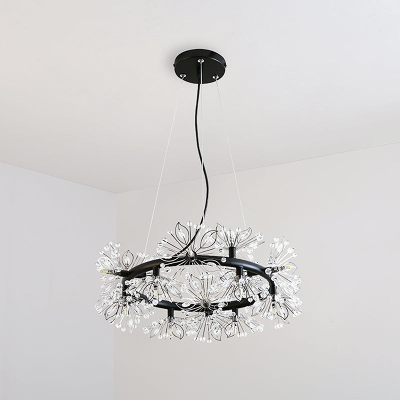 Black 18-Bulb Chandelier Lighting Modern Stylish Floral Crystal Bead Hanging Lamp Kit Black Clearhalo 'Ceiling Lights' 'Chandeliers' 'Modern Chandeliers' 'Modern' Lighting' 862742