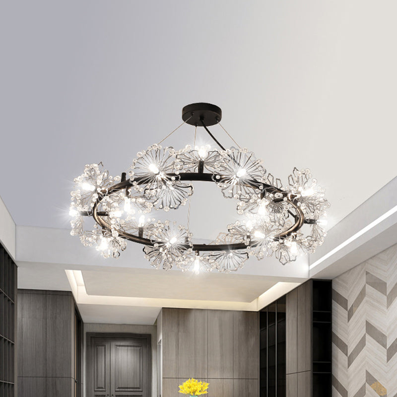 15 Heads Flower Circle Chandelier Modernist Black Crystal Pendant Light Fixture for Living Room Black Clearhalo 'Ceiling Lights' 'Chandeliers' 'Modern Chandeliers' 'Modern' Lighting' 862746